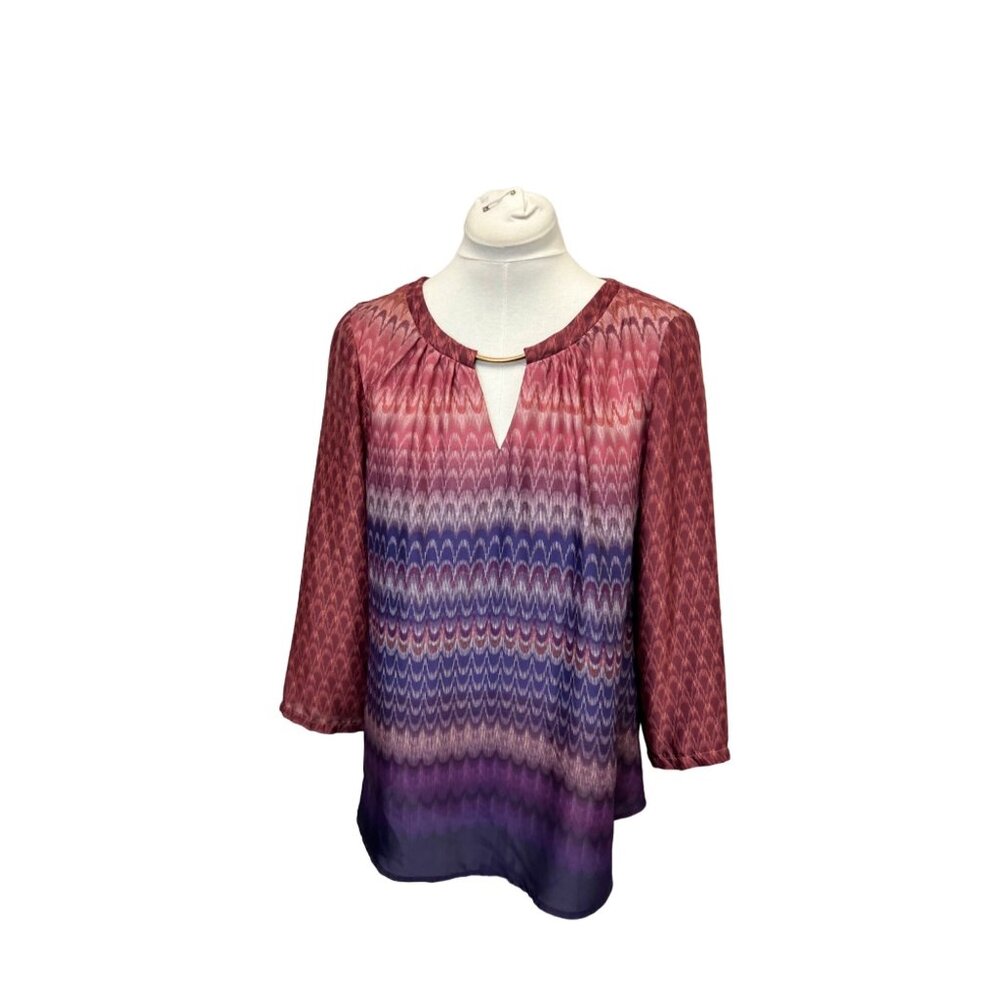 Investments Womens Large Multicolor Ombré Blouse With Keyhole Neckline & Metal D